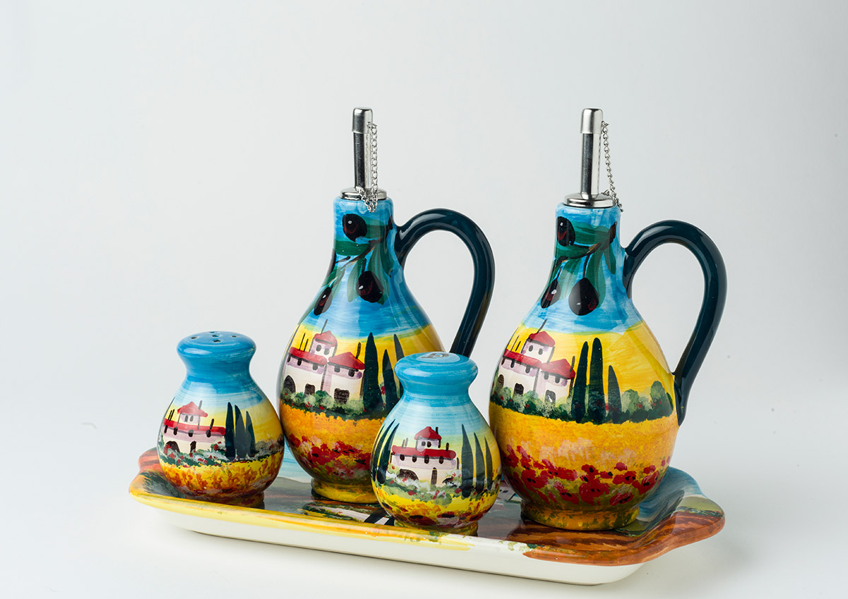 10x7.5cm B Sale e Pepe Aceto Set di 4 Dispenser di Condimenti in Ceramica e Bambù per Shaker di Olio 